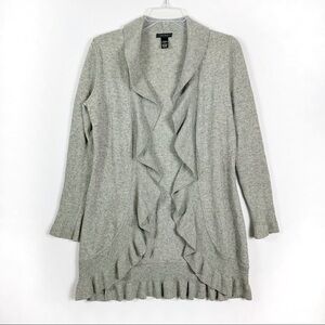 Grey Cashmere Wool Ruffle Front Open Cardigan